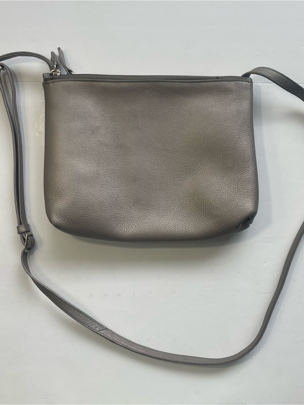 Derek Alexander Pewter Grey Leather Multi Compartment Organizer Crossbody Bag